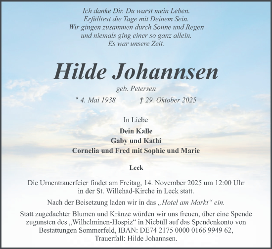 Traueranzeige von Hilde Johannsen von Husumer Nachrichten, Nordfriesland Tageblatt