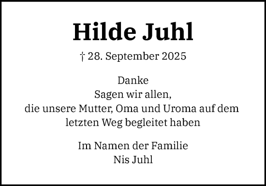 Traueranzeige von Hilde Juhl von Eckernförder Zeitung