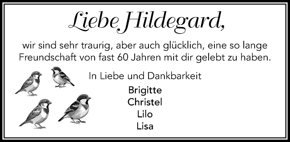  Traueranzeige für Hildegard  vom 04.10.2025 aus Wochenend Anzeiger