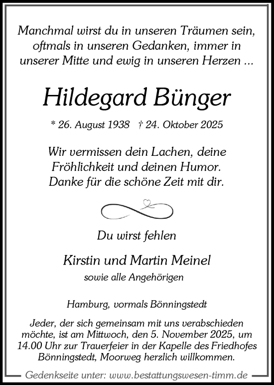 Traueranzeige von Hildegard Bünger von Region Pinneberg und tip Pinneberg