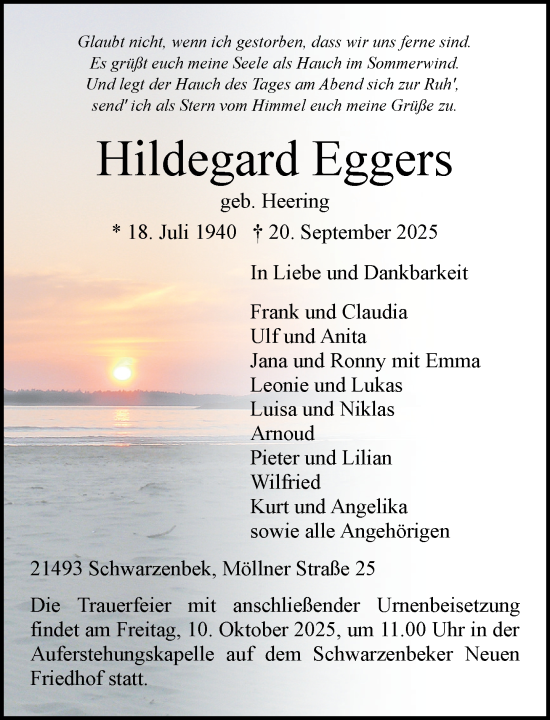 Traueranzeige von Hildegard Eggers von Wochenend Anzeiger