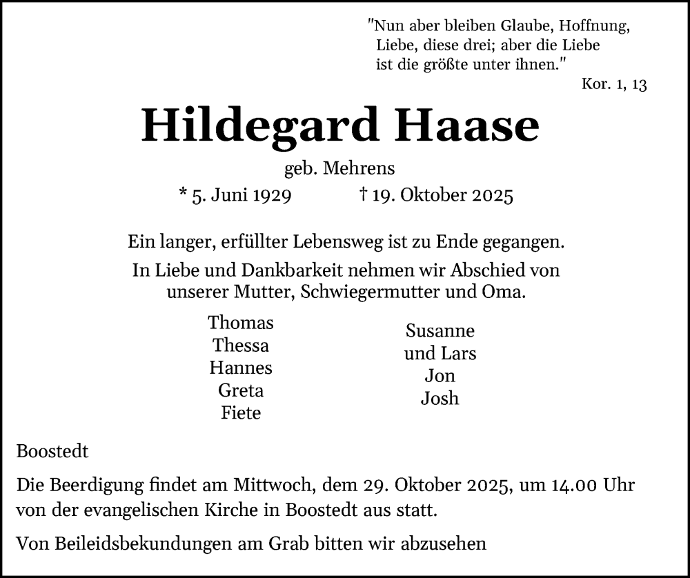  Traueranzeige für Hildegard Haase vom 25.10.2025 aus Holsteinischer Courier