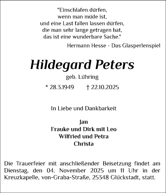 Traueranzeige von Hildegard Peters von Norddeutsche Rundschau, Wilstersche Zeitung, Glückstädter Fortuna