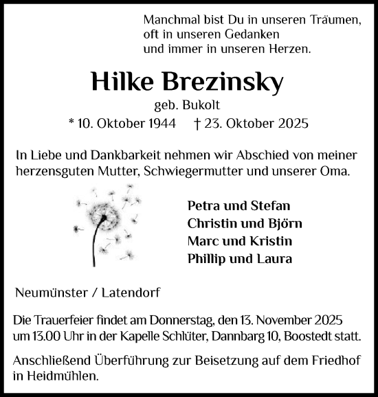 Traueranzeige von Hilke Brezinsky von Holsteinischer Courier
