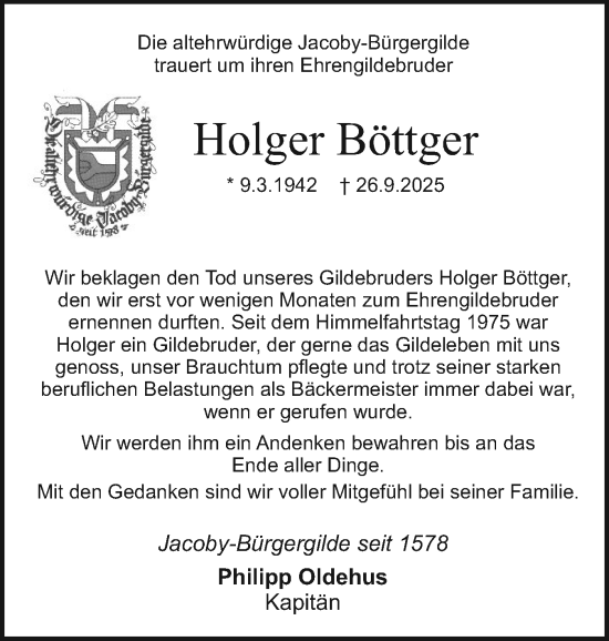 Traueranzeige von Holger Böttger von Holsteinischer Courier