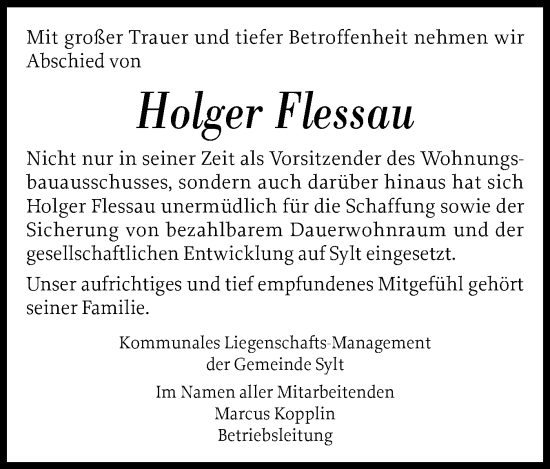 Traueranzeige von Holger Flessau von Sylter Rundschau
