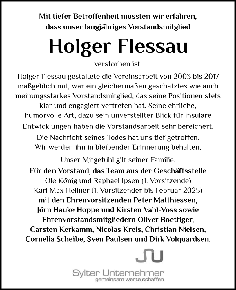  Traueranzeige für Holger Flessau vom 18.10.2025 aus Sylter Rundschau