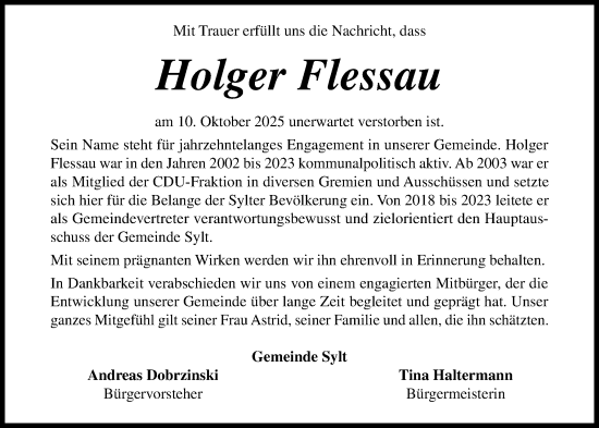 Traueranzeige von Holger Flessau von Sylter Rundschau