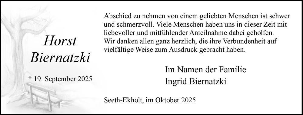  Traueranzeige für Horst Biernatzki vom 18.10.2025 aus Elmshorner Nachrichten, Barmstedter Zeitung