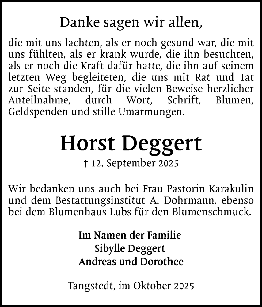 Traueranzeige für Horst Deggert vom 11.10.2025 aus Region Pinneberg und tip Pinneberg