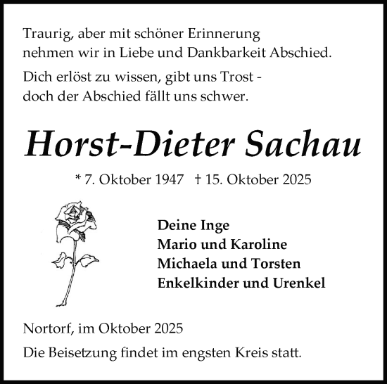 Traueranzeige von Horst-Dieter Sachau von Schleswig-Holsteinische Landeszeitung