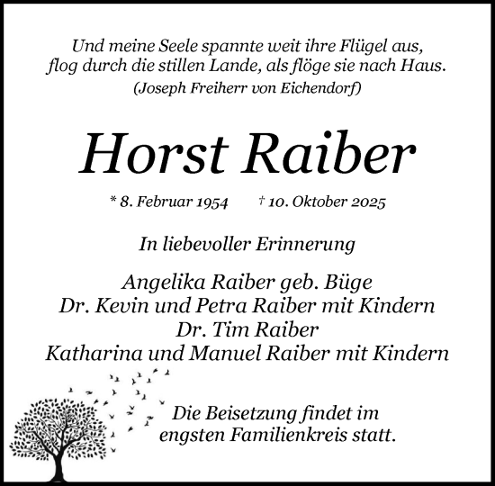 Traueranzeige von Horst Raiber von MARKT Glinde/Reinfeld