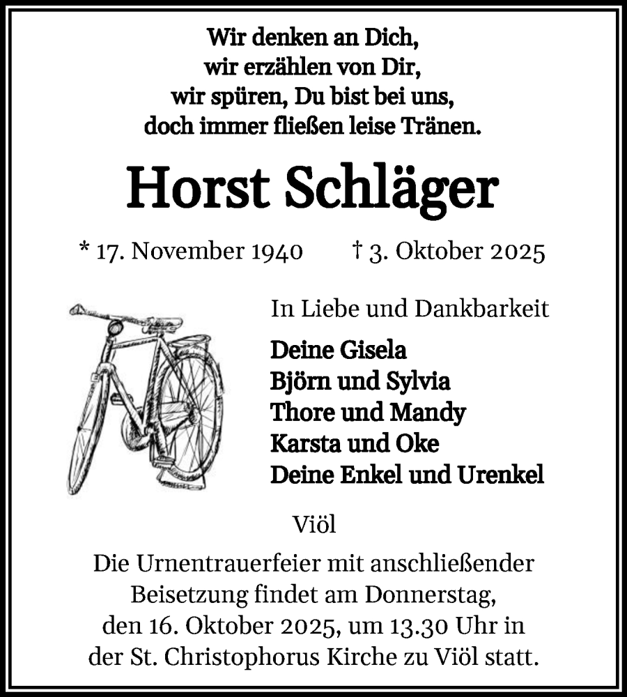  Traueranzeige für Horst Schläger vom 11.10.2025 aus Husumer Nachrichten, Nordfriesland Tageblatt