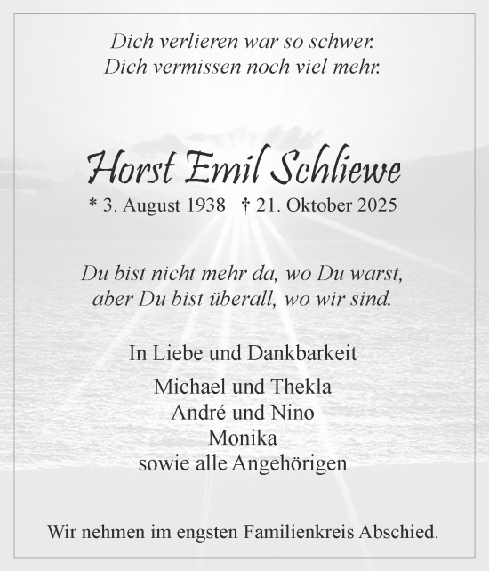 Traueranzeige von Horst Emil Schliewe von Region Pinneberg und tip Pinneberg