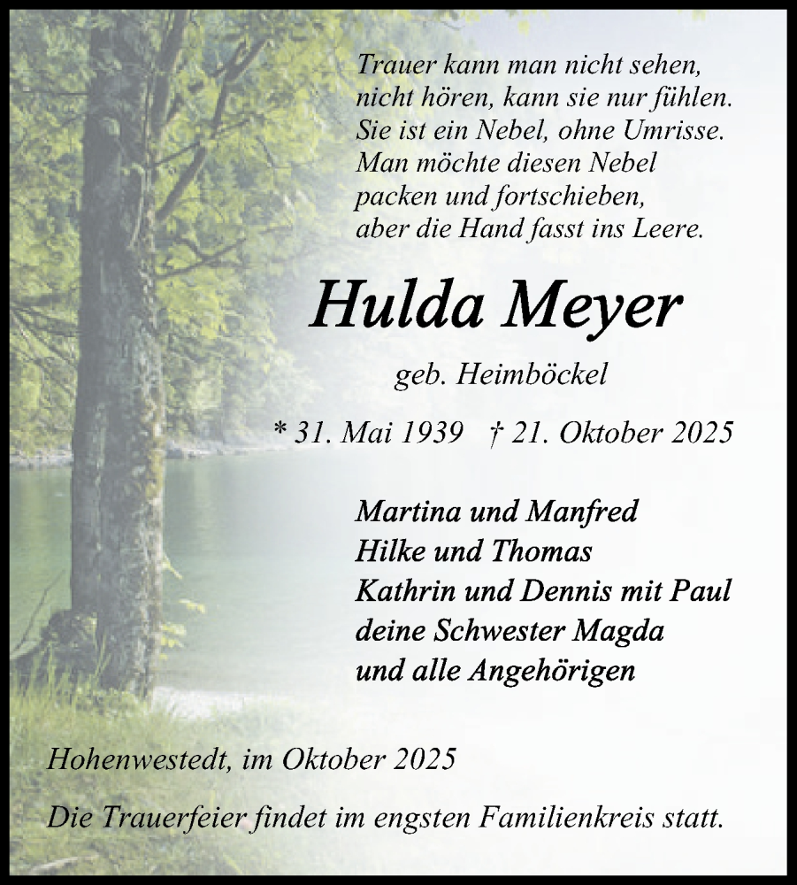  Traueranzeige für Hulda Meyer vom 25.10.2025 aus Schleswig-Holsteinische Landeszeitung