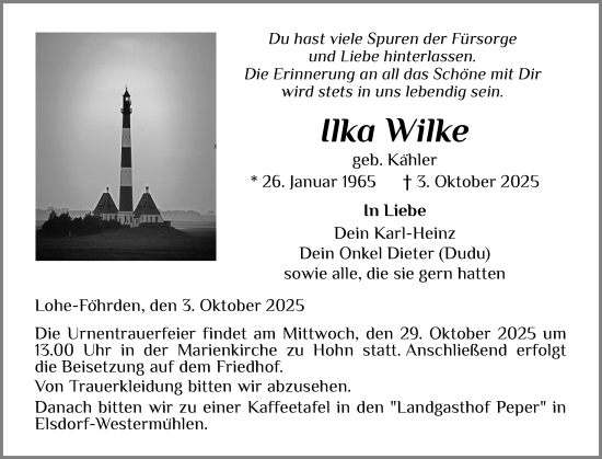 Traueranzeige von Ilka Wilke von Schleswig-Holsteinische Landeszeitung
