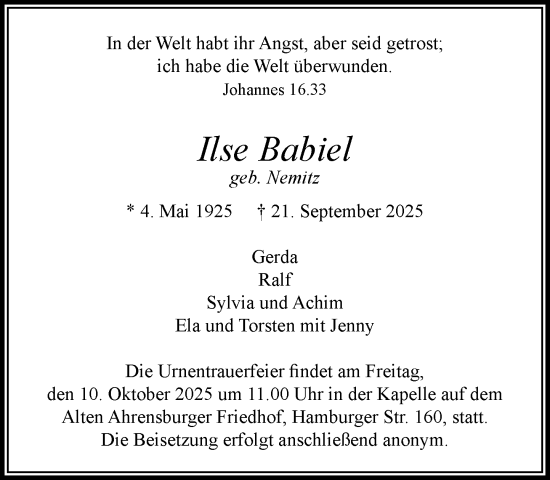 Traueranzeige von Ilse Babiel von MARKT Ahrensburg/Bargteheide/Trittau und Stormarner Tageblatt
