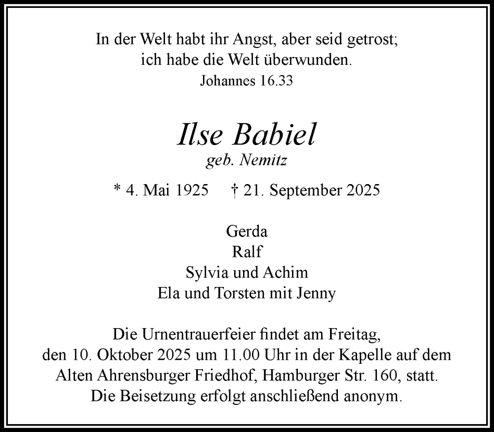  Traueranzeige für Ilse Babiel vom 04.10.2025 aus MARKT Ahrensburg/Bargteheide/Trittau und Stormarner Tageblatt