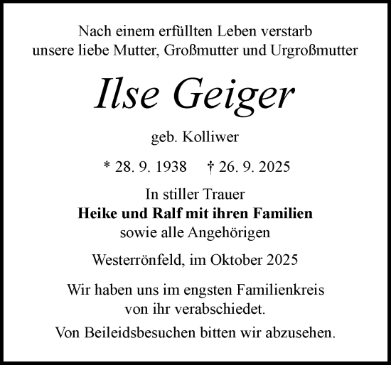 Traueranzeige von Ilse Geiger von Schleswig-Holsteinische Landeszeitung