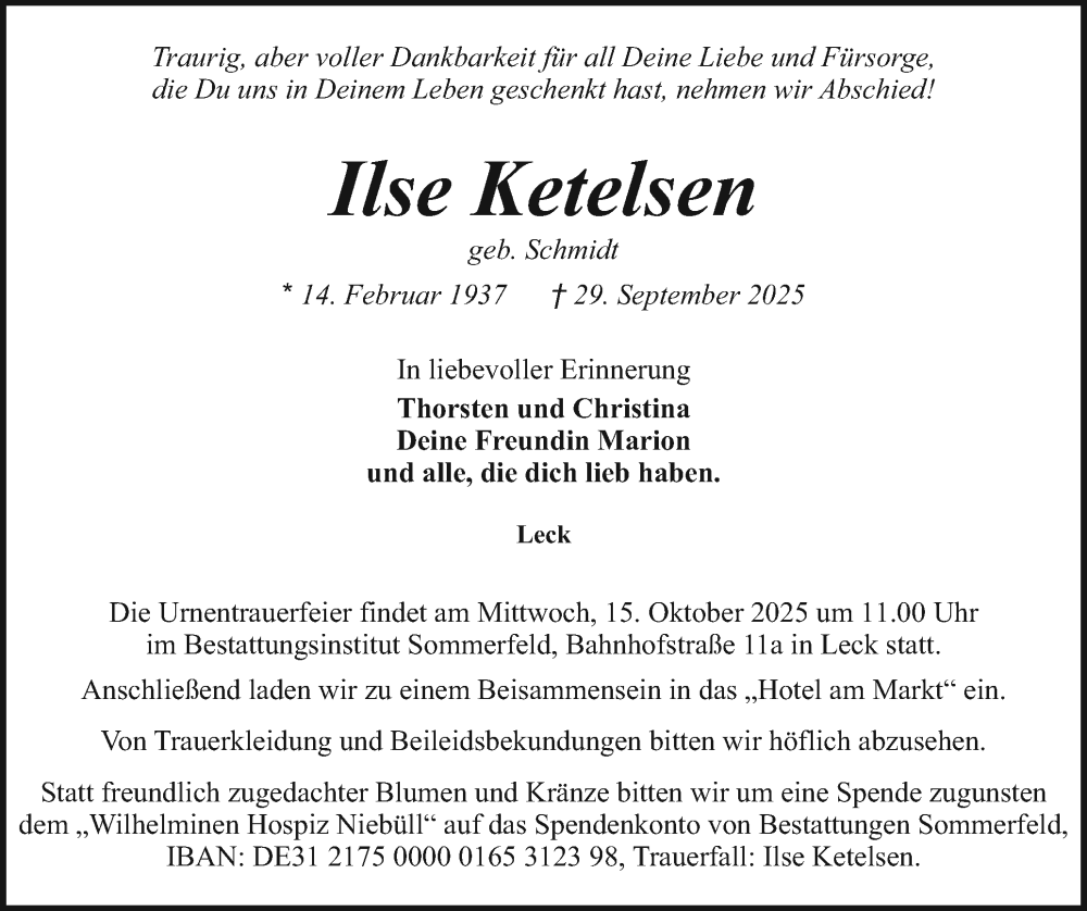  Traueranzeige für Ilse Ketelsen vom 04.10.2025 aus Husumer Nachrichten, Nordfriesland Tageblatt