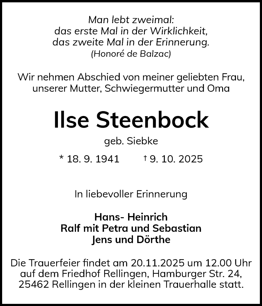  Traueranzeige für Ilse Steenbock vom 25.10.2025 aus Region Pinneberg und tip Pinneberg
