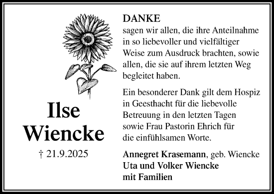 Traueranzeige von Ilse Wiencke von MARKT Ratzeburg/Mölln