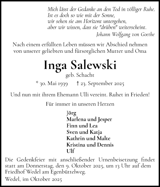 Traueranzeige von Inga Salewski von Wedel-Schulauer Tageblatt, tip Wedel-Schulauer Tageblatt, tip Rissener Rundschau