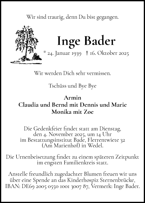 Traueranzeige von Inge Bader von Wedel-Schulauer Tageblatt, tip Wedel-Schulauer Tageblatt, tip Rissener Rundschau