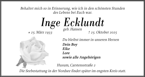 Traueranzeige von Inge Ecklundt von Husumer Nachrichten, Nordfriesland Tageblatt