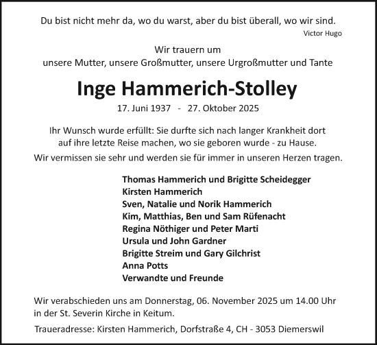 Traueranzeige von Inge Hammerich-Stolley von Sylter Rundschau