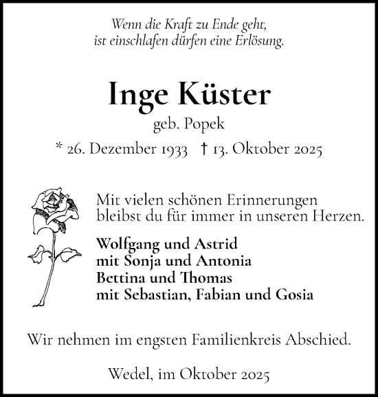 Traueranzeige von Inge Küster von Wedel-Schulauer Tageblatt, tip Wedel-Schulauer Tageblatt, tip Rissener Rundschau