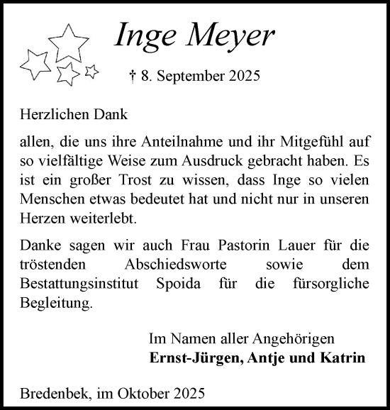 Traueranzeige von Inge Meyer von Schleswig-Holsteinische Landeszeitung