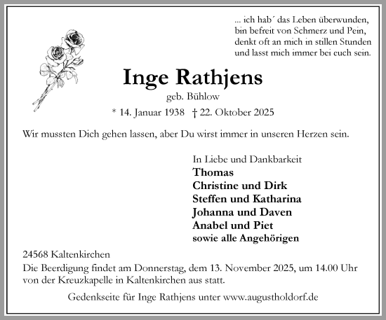 Traueranzeige von Inge Rathjens von Umschau