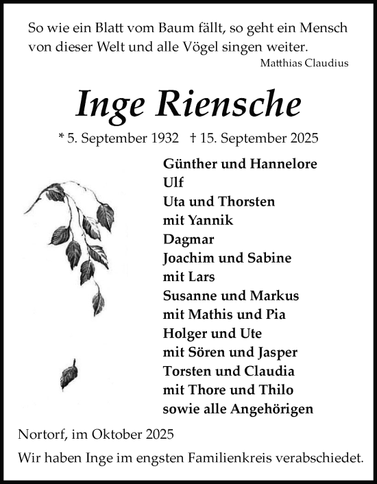 Traueranzeige von Inge Riensche von Schleswig-Holsteinische Landeszeitung