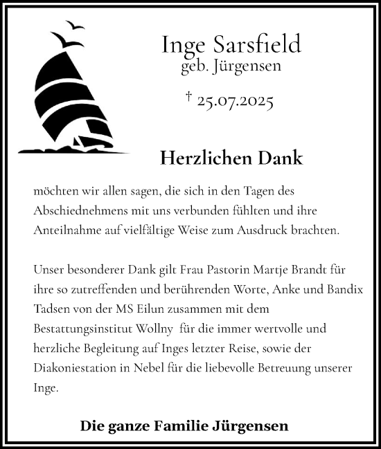 Traueranzeige von Inge Sarsfield von Der Insel-Bote