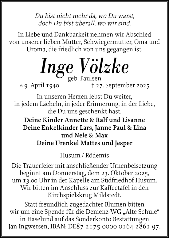 Traueranzeige von Inge Völzke von Husumer Nachrichten, Nordfriesland Tageblatt
