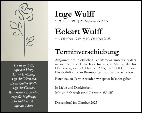 Traueranzeige von Inge Wulff von Wochenend Anzeiger