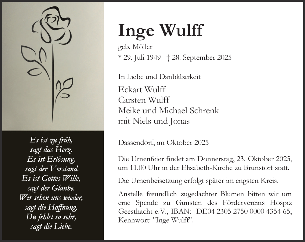  Traueranzeige für Inge Wulff vom 11.10.2025 aus Wochenend Anzeiger