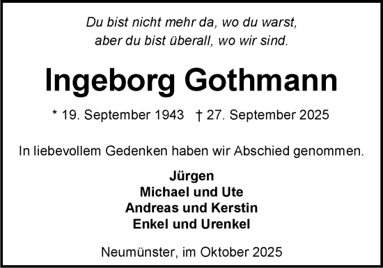 Traueranzeige von Ingeborg Gothmann von Holsteinischer Courier