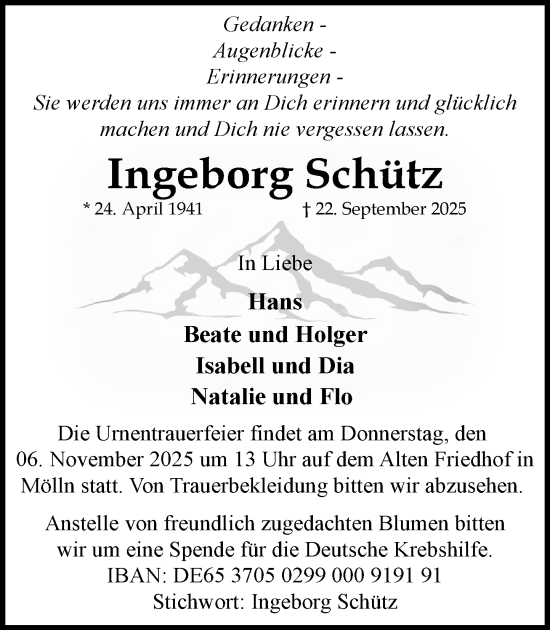 Traueranzeige von Ingeborg Schütz von MARKT Ratzeburg/Mölln