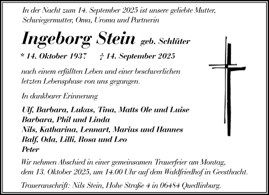 Traueranzeige von Ingeborg Stein von Wochenend Anzeiger