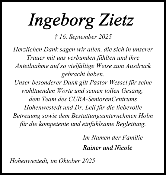 Traueranzeige von Ingeborg Zietz von Schleswig-Holsteinische Landeszeitung