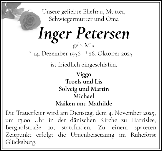 Traueranzeige von Inger Petersen von Flensburger Tageblatt