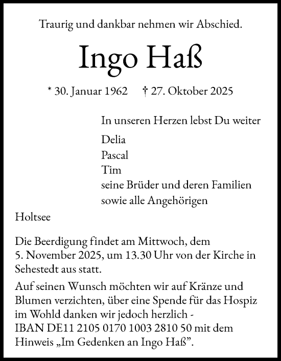 Traueranzeige von Ingo Haß von Eckernförder Zeitung