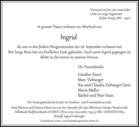 Traueranzeige von Ingrid  von Region Pinneberg und tip Pinneberg