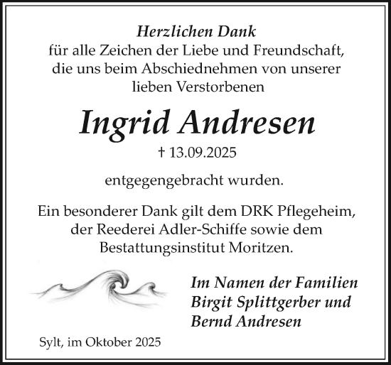 Traueranzeige von Ingrid Andresen von Sylter Rundschau