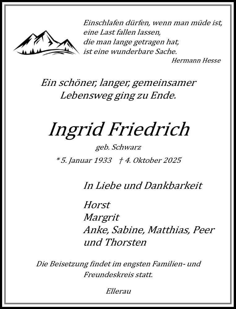  Traueranzeige für Ingrid Friedrich vom 18.10.2025 aus Umschau