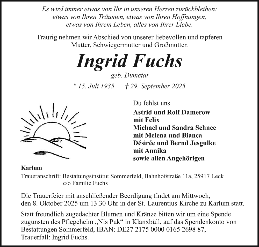  Traueranzeige für Ingrid Fuchs vom 04.10.2025 aus Husumer Nachrichten, Nordfriesland Tageblatt