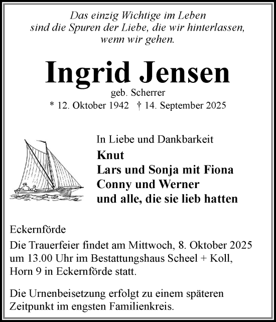 Traueranzeige von Ingrid Jensen von Eckernförder Zeitung, Hallo Eckernförde