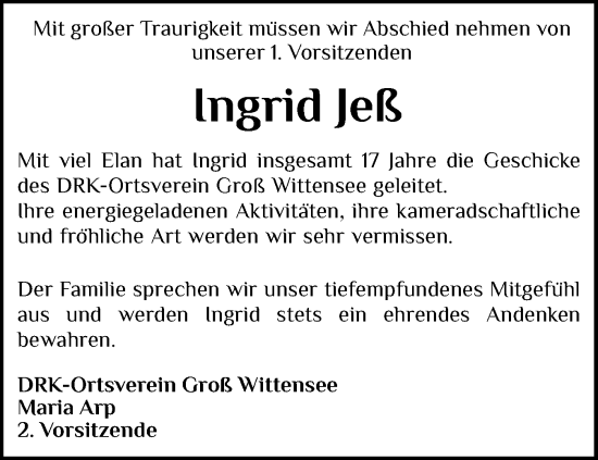 Traueranzeige von Ingrid Jeß von Eckernförder Zeitung, Hallo Eckernförde